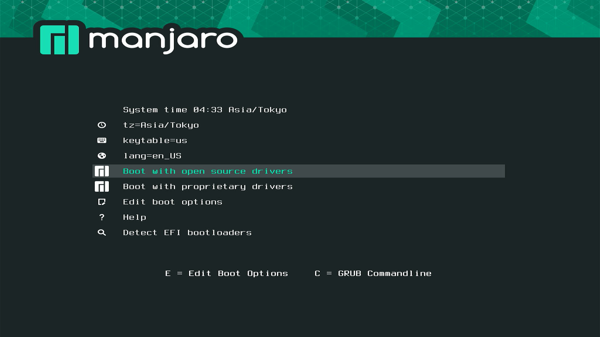 manjaroのインストール画面 "Boot with open source drivers"を選択